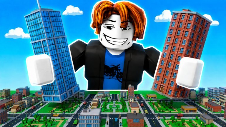 Roblox avatar lifting glass and brick towers above a growing city in Build a Country